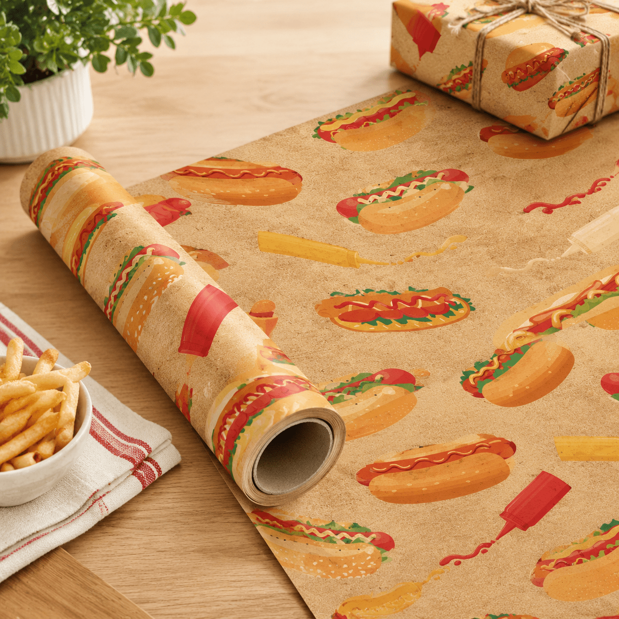 Food Wrapper Rool Hot Dog Themed Gift Wrap Paper Roll, 17 Inch x 16.5 Feet, Retro Food ...