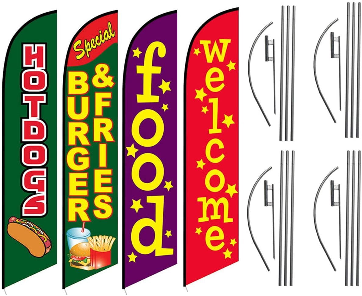 Food Stringer Flags Hot Dogs Burgers Fries Food Welcome Feather Flag Kit Package, 4 Banner ...