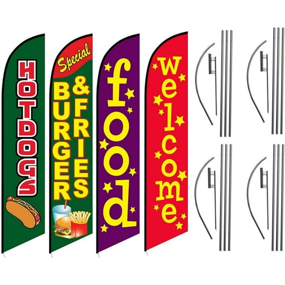 Hot Dogs Burgers Fries Food Welcome Feather Flag Kit Package, 4 Banner Swooper Flag Kits with Flag Poles and Ground Stakes, Great for Restaurant Food Stand at Carnivals or Events