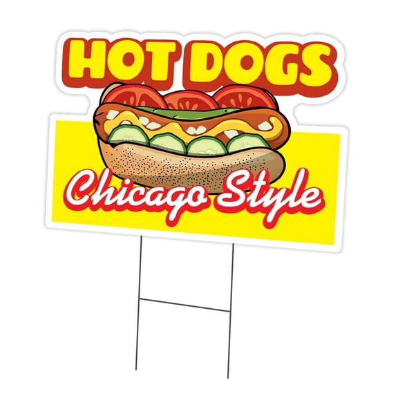 Hot Dogs Chicago Style Yard Sign 12" X 16" & Stake | Advertise Your Business | Stake Included Double Sided Image | Made in The USA