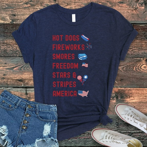 Hot Dogs Fireworks Smores Stars & Stripes America Shirt, Independence Day Tee, 4th of July T-shirt, 4th July Hot Dog Shirt, Fireworks Shirt (Colors:Heather Navy; Sizes:XL;)