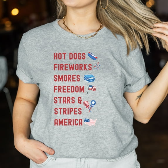 Hot Dogs Fireworks Smores Stars & Stripes America Shirt, Independence Day Tee, 4th of July T-shirt, 4th July Hot Dog Shirt, Fireworks Shirt (Colors:Light Blue; Sizes:S;)
