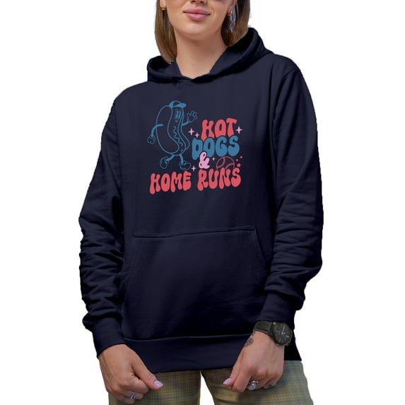 Hot Dogs & Home Runs, Baseball Merch Gift, Navy Blue Hooded Sweatshirt or Hoodie, Small
