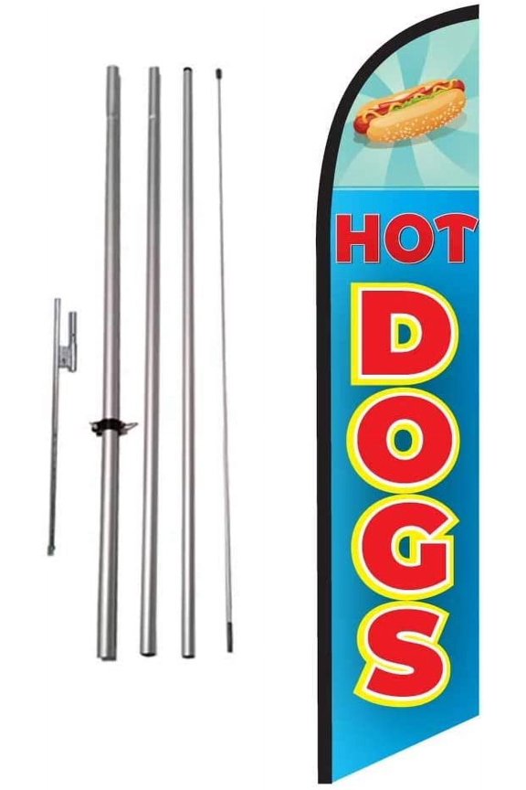 Hot Dogs Restaurant Fair Advertising Feather Banner Swooper Flag Sign with Flag Pole Kit and Ground Stake