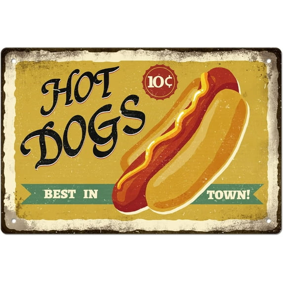 Hot Dogs Tin Signs Hot Dogs Best in Town Vintage Tin Sign Fast Food Tin Sign Vintage Metal Signs Tin Funny Wall Art Painting Iron Decor for Fast Food Festaurant Outdoor Wooden Fence Decoration