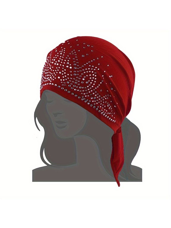Hot Drill Fashionable Personalized Women'S Pirate Hat Elastic Hot Drill Full Cover Headgear Chemotherapy Cap-Burgundy color