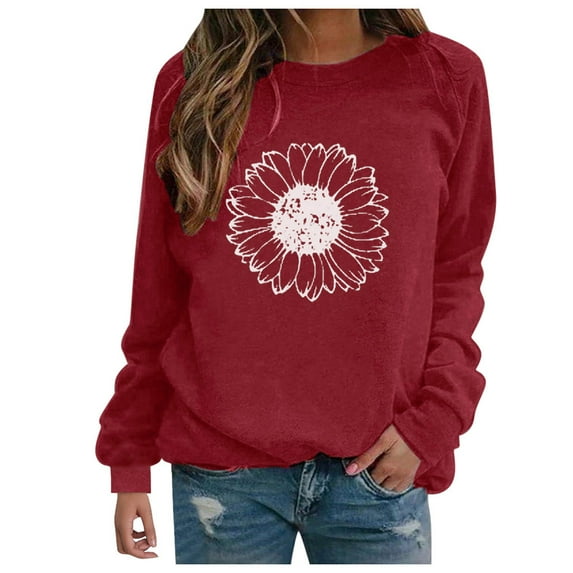 Hot Eaby Women's Sweater Round Neck Casual Loose Pullover Printed Long-Sleeved T-Shirt