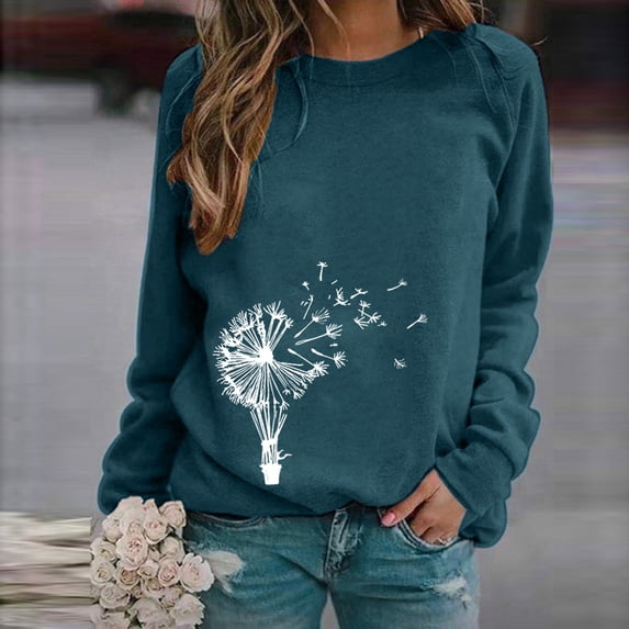 Hot Eaby Women's Sweater Round Neck Casual Loose Pullover Printed Long-Sleeved T-Shirt