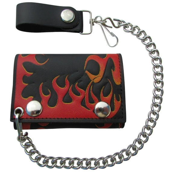 Hot Flames Leather Trifold Chain Wallet Made in the USA