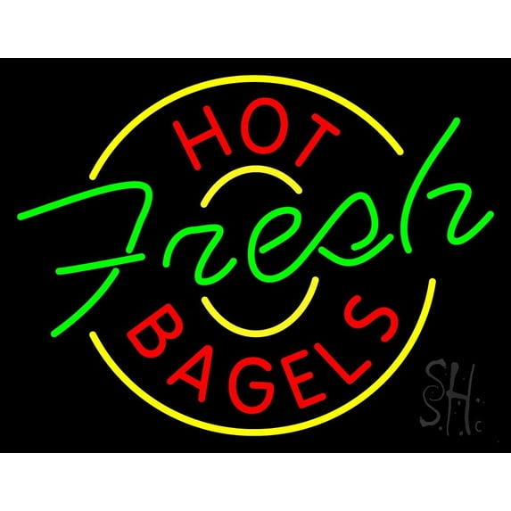 Hot Fresh Bagels LED Neon Sign 24 x 31 - inches, Black Square Cut Acrylic Backing, with Dimmer - Bright and Premium built indoor LED Neon Sign for restaurant window and interior decor.