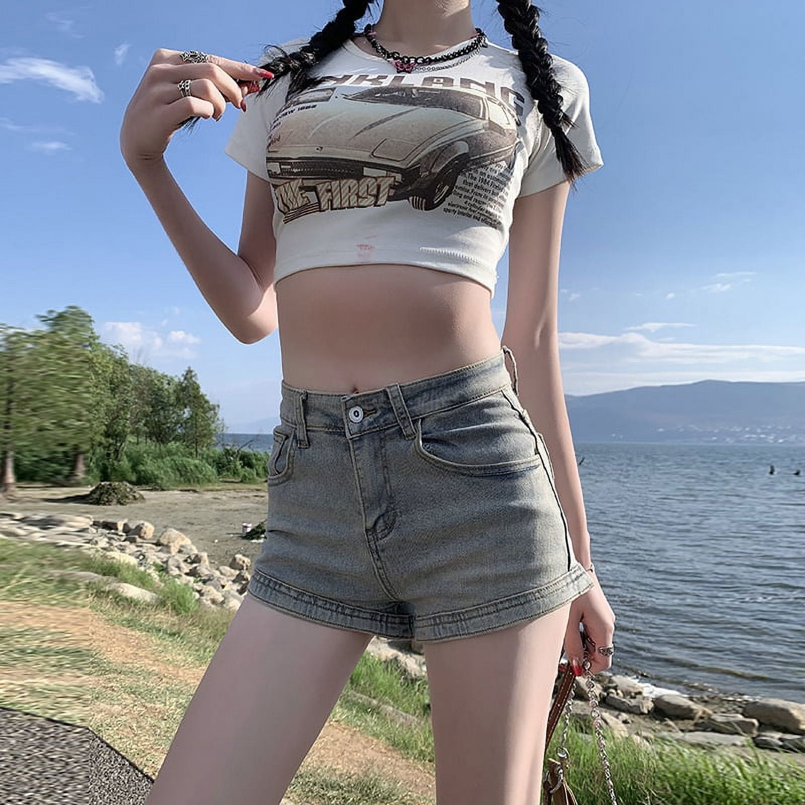 Hot Girl Retro Tight Denim Shorts Women Hot Pants Petite High
