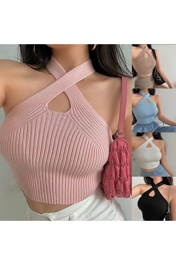 Hot Girl Sexy Cross Hollow Shoulderless Halter Neck Camisole Women Knitted Top White YIWEI
