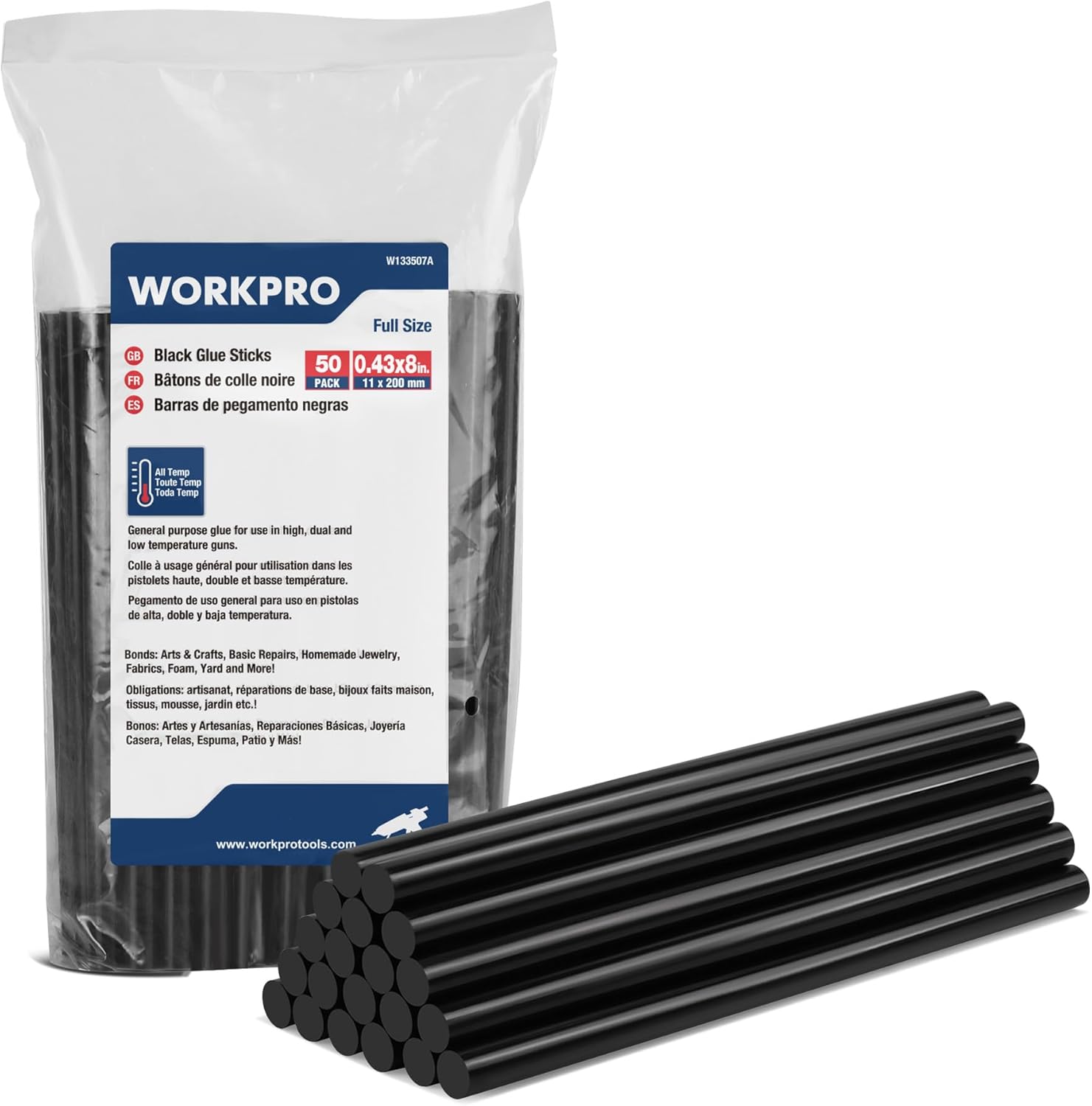 Hot Glue Sticks Full Size, 50-Pack, 0.43x8 Inches, Black Melt for All-Temp Guns, Multipurpose DIY Craft General Repairs, Home Decorations and Gluing Projects