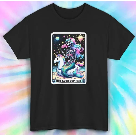 Hot Goth Summer T-Shirt, Funny Skeleton Unicorn, Gothic Summer Shirt