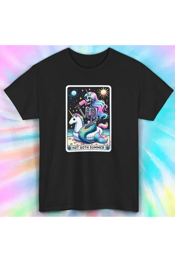 Hot Goth Summer T-Shirt, Funny Skeleton Unicorn, Gothic Summer Shirt