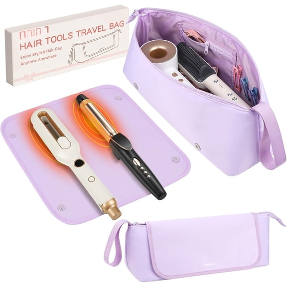 Hot Hair Tools Travel Bag with Heat Resistant Mat Removable, Hair Accessories Organizer Case, Women Travel Essentials, Storage Pouch for Curling Iron Straightener Flat Iron Hair Dryer, Purple