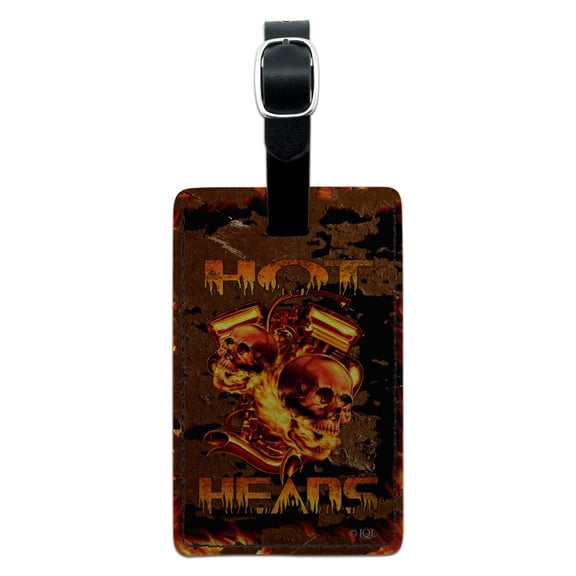 Hot Heads Pistons Skulls Biker Motorcycle Chopper Rectangle Leather Luggage Card Suitcase Carry-On ID Tag