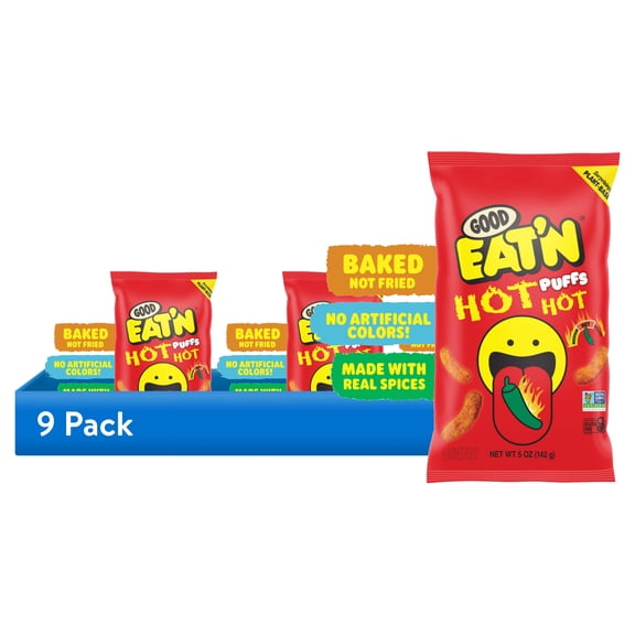 (9 pack) Good Eatn Hot Hot Puffs, Baked Spicy Non-GMO Corn Snack, Gluten-Free, Vegan, 5oz