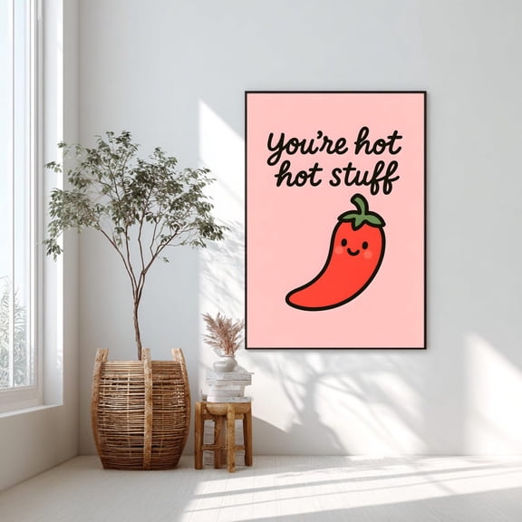You'Re Hot Hot Stuff Poster, Cute Chili Pepper Wall Art, Dopamine Decor Print, Funky Maximalist Art, Playful Retro Typography Poster, Unframed Poster Size 24x36 F03.1.22l865