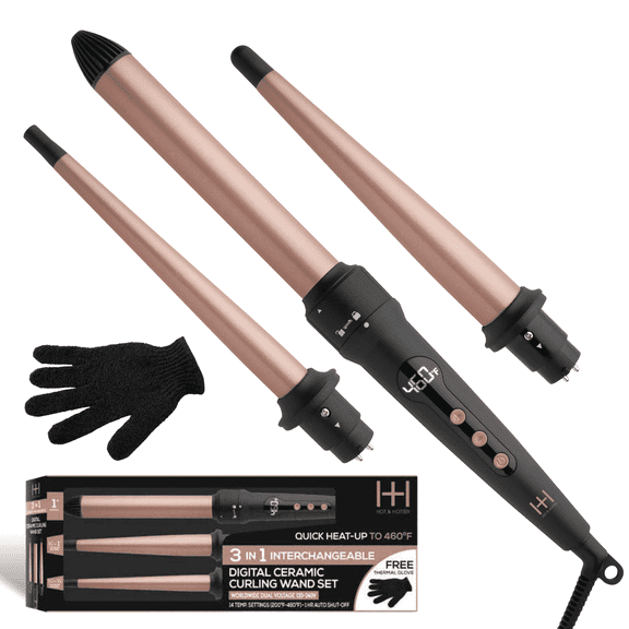Hot & Hotter Long 3 in 1 Ceramic Hair Curling Wand, Automatic Shutoff, Gold