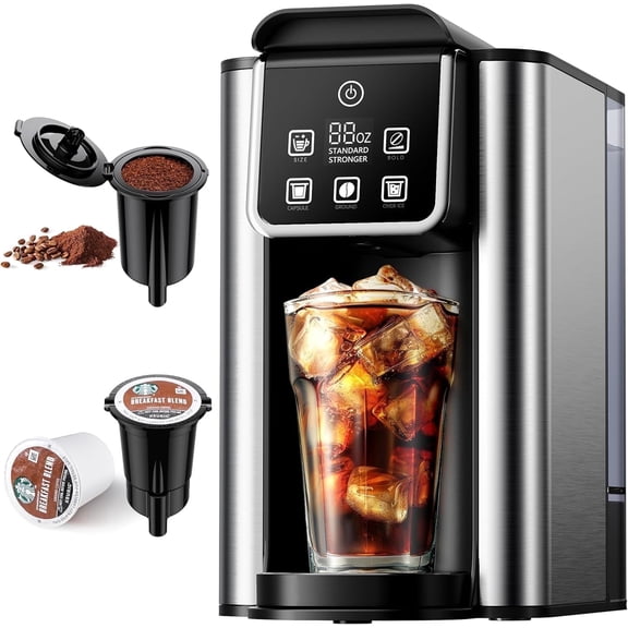 Hot Iced Coffee Maker with Bold Setting, Single Serve Coffee Maker for K Cup and Grounds, 6-14 oz Brew Sizes, 50 oz Removable Water Tank, One Cup Coffee Machine, Black