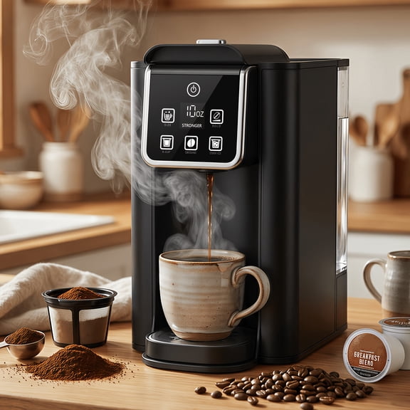 Hot & Iced Coffee Maker with Bold Setting, Single Serve Coffee Maker for K Cup and Grounds, 6-14oz Brew Sizes, 50oz Removable Water Tank, One Cup Coffee Machine with Reusable Filter, Black