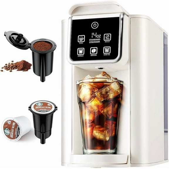 Hot & Iced Coffee Maker with Bold Setting, Single Serve for K Cup and Grounds, 6-14 Oz Brew Sizes, 50 Removable Water Tank, One Machine Reusable Filter, White