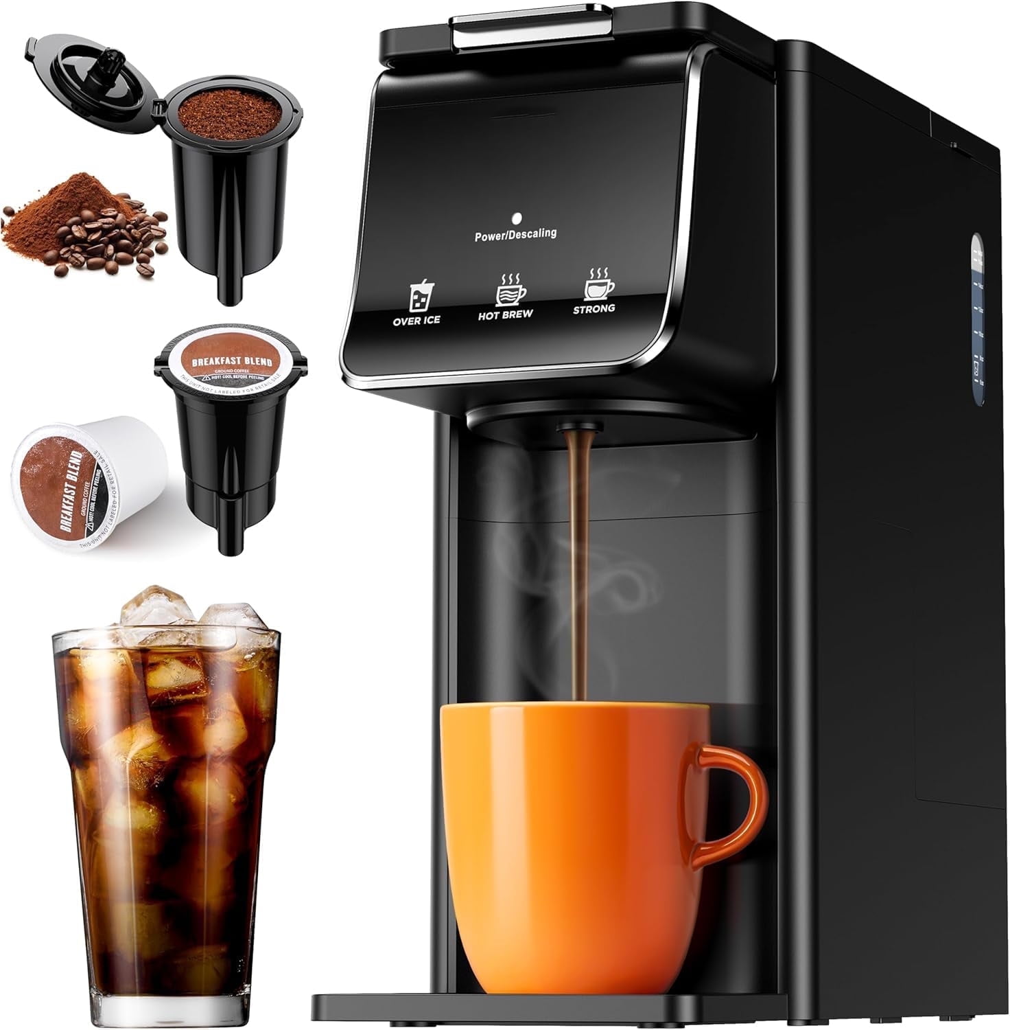 Hot Iced Coffee Maker, K-Cups Ground Coffee, Single-Serve Brewer with Bold Setting, Reusable Filter, Travel Mug Friendly, Compact Quick Brew, Black