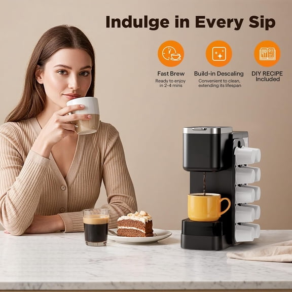 Hot & Iced Coffee Maker with Magnetic K-Pod Organizer (Pods Not Included), Stores 10 Pods, 4-5 Cups Coffee Maker & Single-serve Brewer for K Cup & Grounds, 40oz Removable Water Tank, Black