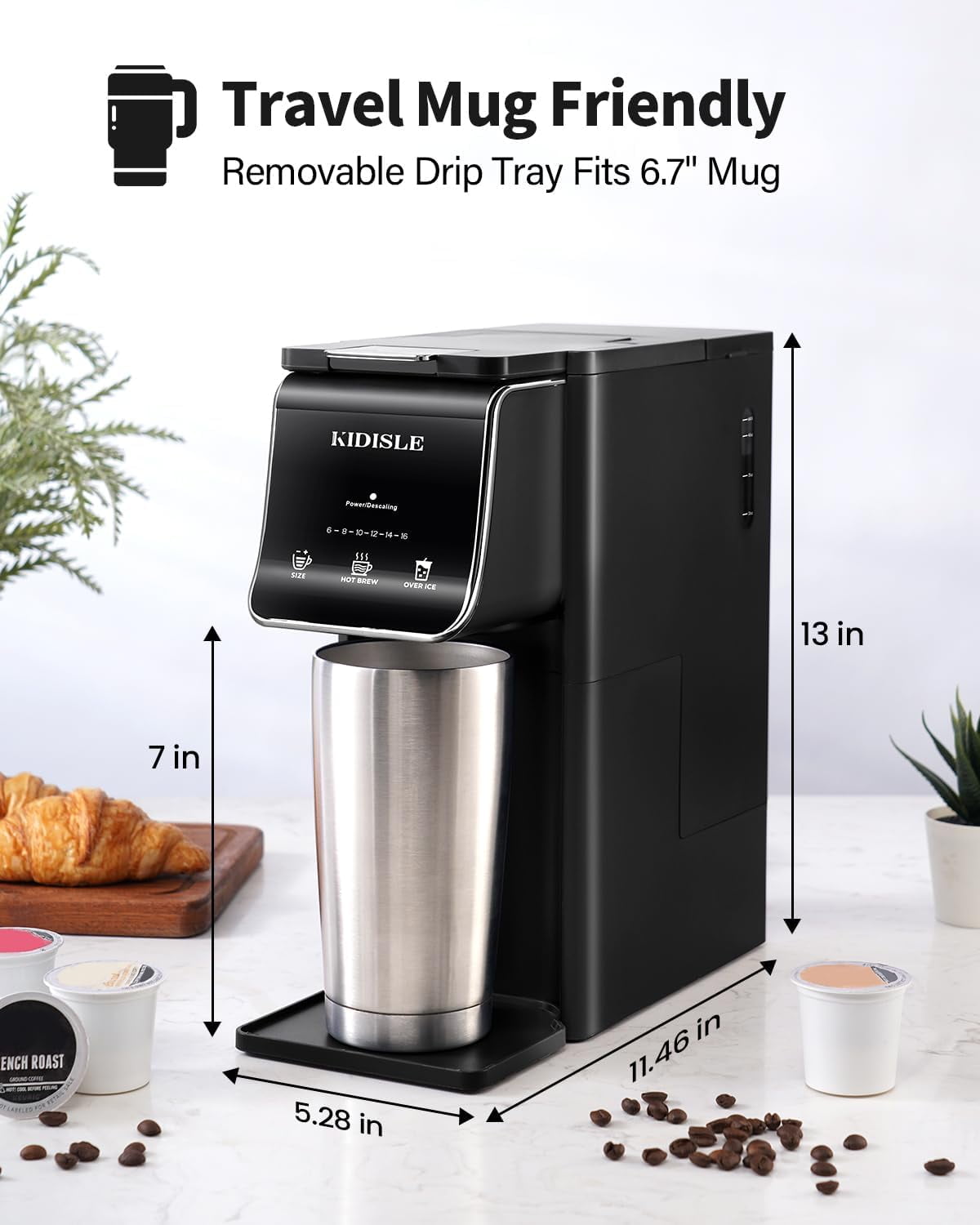 Single Serve Coffee Maker – Hot & Iced, K Cup & Ground Compatible, Reusable Pod Filter, 6–16oz Brew Sizes, 40oz Water Tank, Easy-to-Use, Black