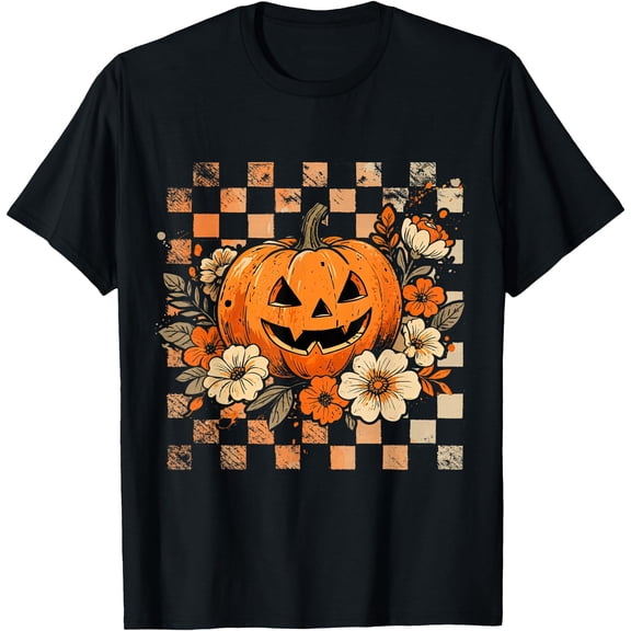 Hot Kiraa Tee With Checkered Halloween Pumpkin Floral Spooky Season Scary Face S-5Xl T-Shirt