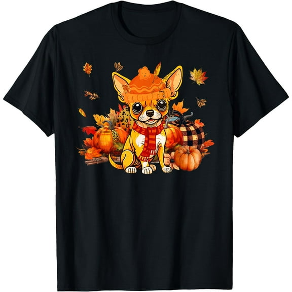 Hot Kiraa Tee With Chihuahua Dog Fall Scarf Leopard Pumpkins Autumn Leaves S-5Xl T-Shirt