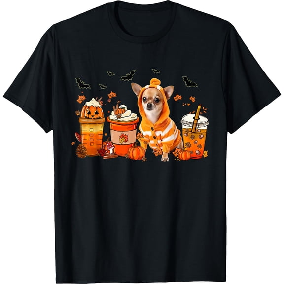Hot Kiraa Tee With Chihuahua Pumpkin Spice Coffee Latte Fall Autumn Bat Graphic S-5Xl T-Shirt