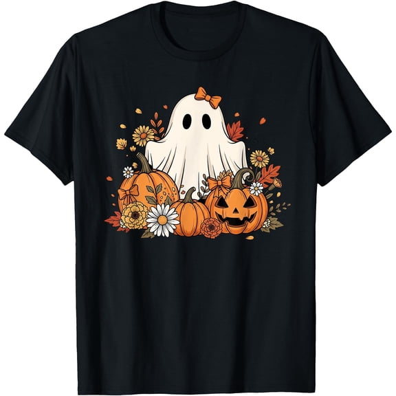 Hot Kiraa Tee With Cute Ghost With Flower Halloween Pumpkin Autumn S-5Xl T-Shirt