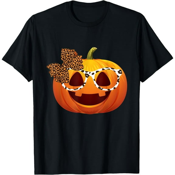 Hot Kiraa Tee With Funny Pumpkin Face Leopard Bow Tie Glasses Halloween S-5Xl T-Shirt
