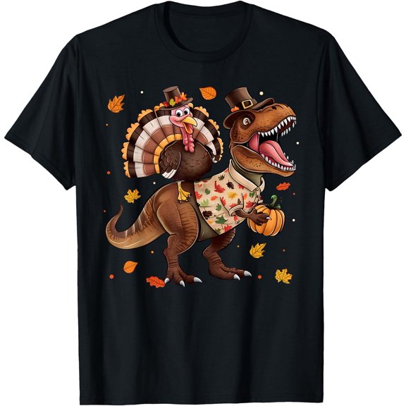 Hot Kiraa Tee With Funny Turkey Rid Dinosaur T Rex Thanksgiv S-5Xl T-Shirt