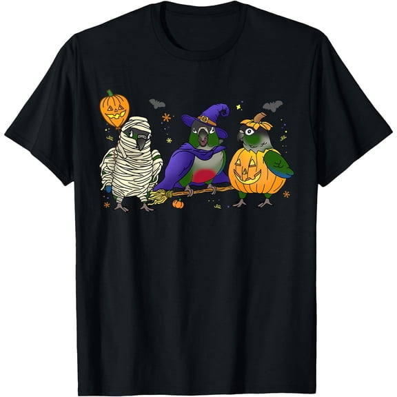 Hot Kiraa Tee With Halloween Parrot Green Cheek Conure Pumpkin Mummy Witch Birb S-5Xl T-Shirt