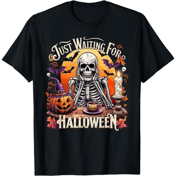 Hot Kiraa Tee With Just Wait For Halloween Skeleton Coffee Pumpkin Men S-5Xl T-Shirt