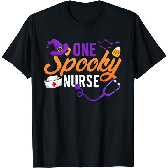Hot Kiraa Tee With One Spooky Nurse Halloween Rn Crew Witch Ghost S-5Xl T-Shirt