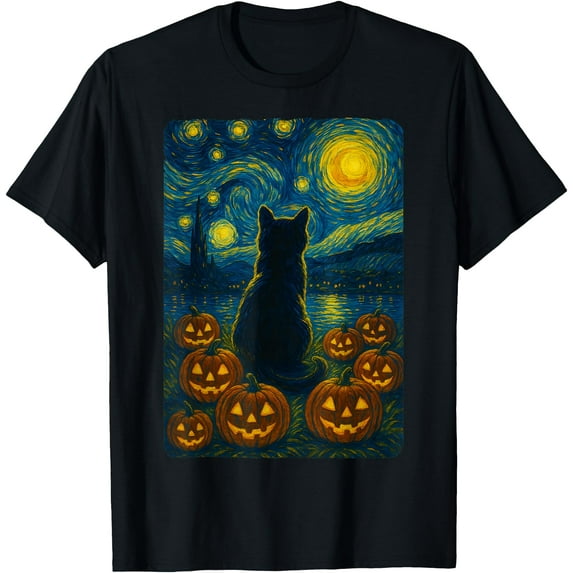 Hot Kiraa Tee With Pumpkin Black Cat Halloween Van Gogh Starry Night Men S-5Xl T-Shirt