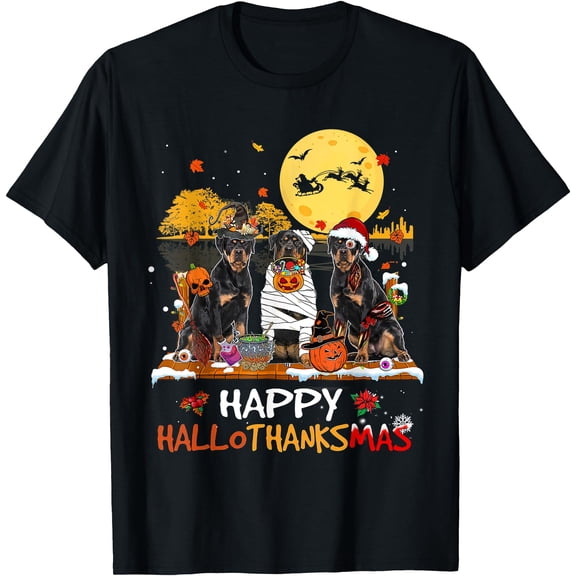 Hot Kiraa Tee With Rottweiler Happy Hallothanksmas Halloween Thanksgiv Xmas S-5Xl T-Shirt