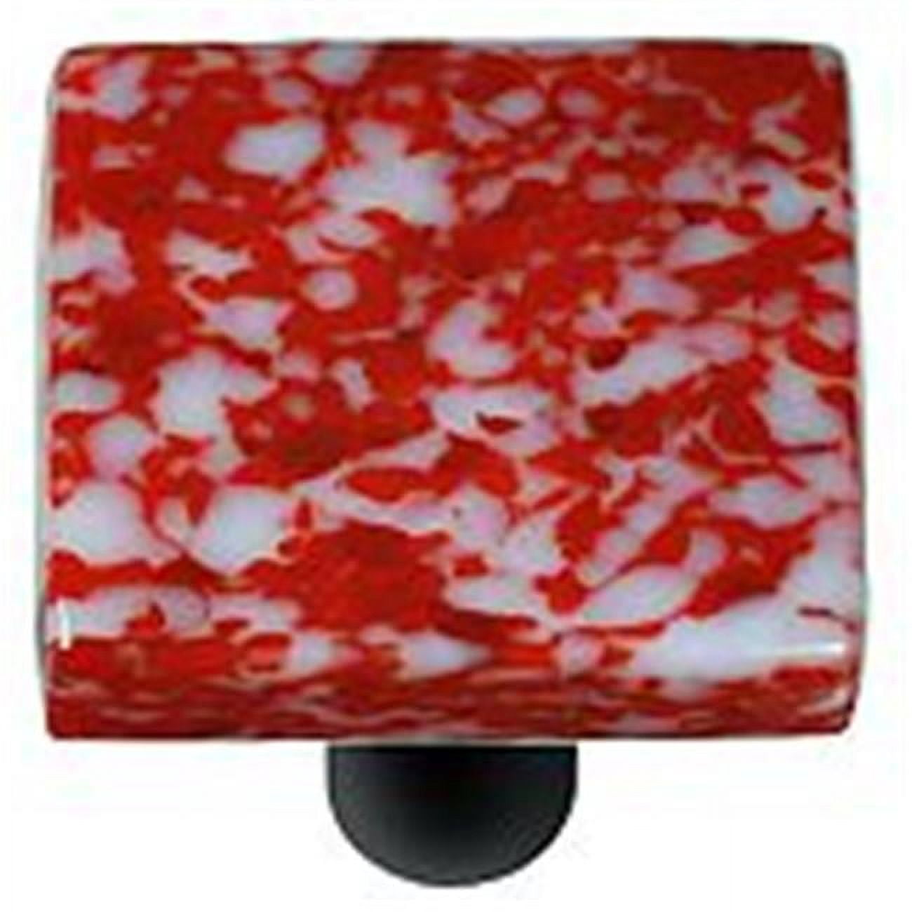 Hot Knobs  Granite Red & White Square Glass Cabinet Knob - Black Post - Handmade Artisan Glass Knob