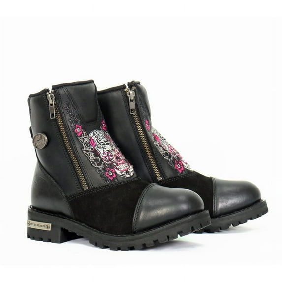 Hot Leathers BTL1009 Ladies Black Double Zip Sugar Skull Cap Toe Leather Boot 6