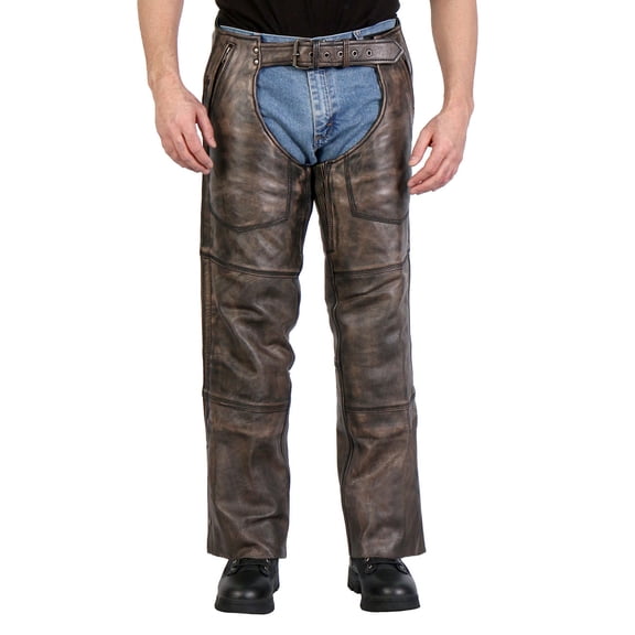 Hot Leathers CHM1008 Men's Distressed Brown Premium Motorcycle Leather Chaps Large