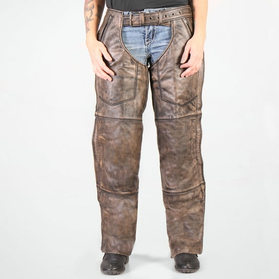 Hot Leathers CHM1008 Unisex Distressed Brown Premium Motorcycle Leather Chaps Medium