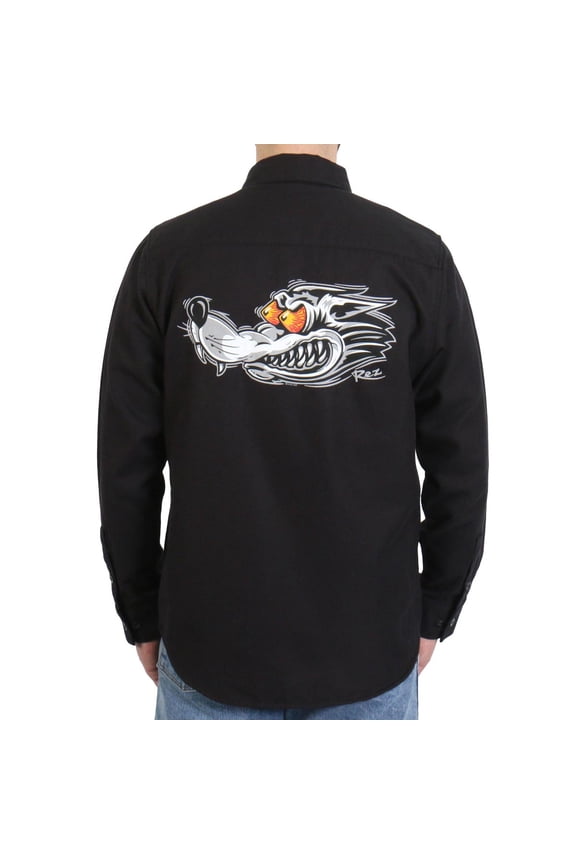 FLM2115 Men's Black Race Wolf Long Sleeve Flannel Shirt Medium