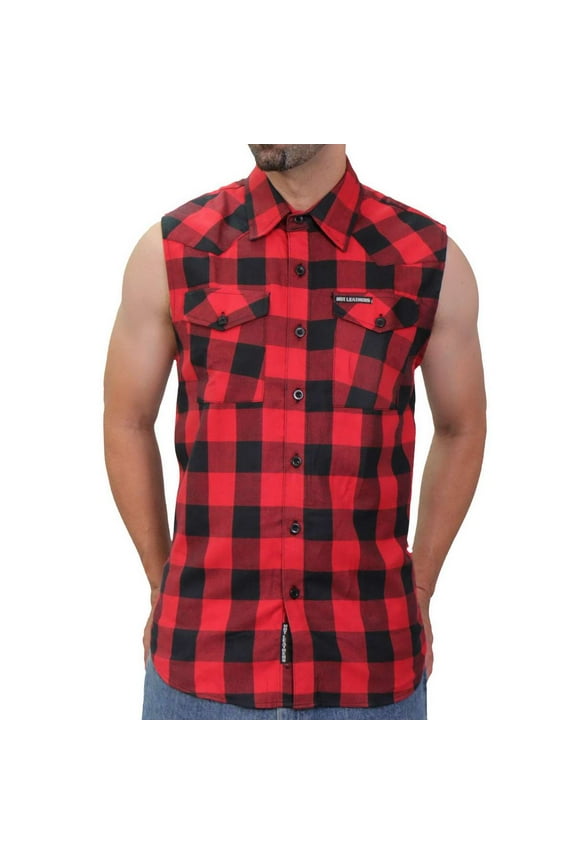 FLM5001 Men’s Black and Red Sleeveless Cotton Flannel Shirt Large