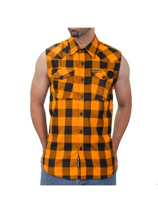 Mens Orange & Black Buffalo Plaid Flannel Shirt - Cotton Extra Heavyweight  Top