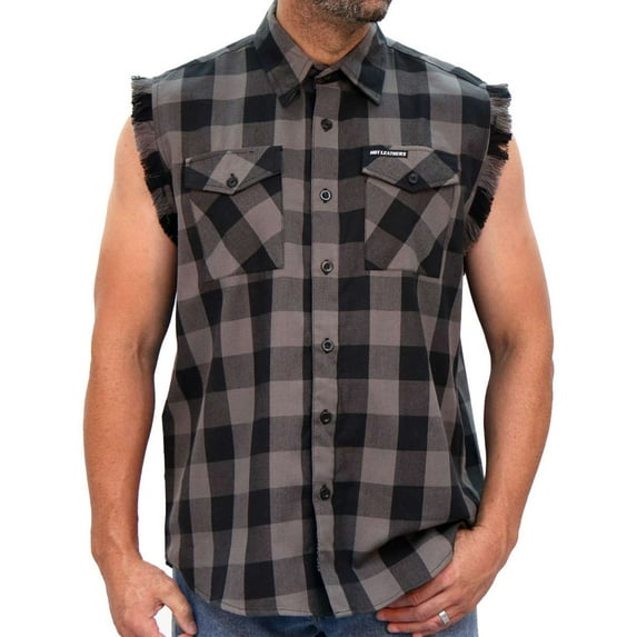 Hot Leathers FLM5203 Men's No Sleeve Fringe Grey and Black Flannel Shirt Large