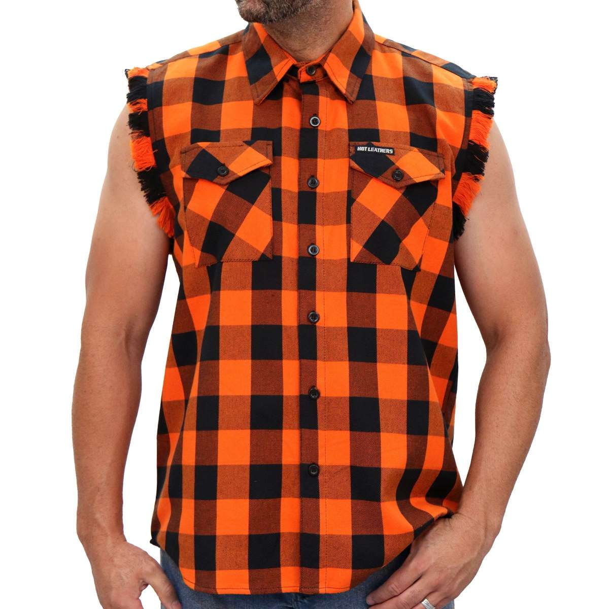Hot Leathers FLM5210 Men's No Sleeve Fringe Orange and Black Flannel ...